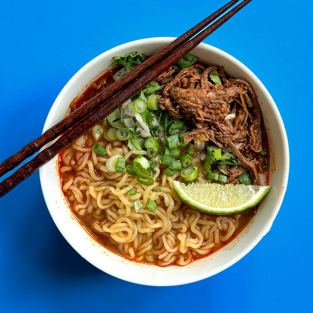 Beef birria ramen dish
